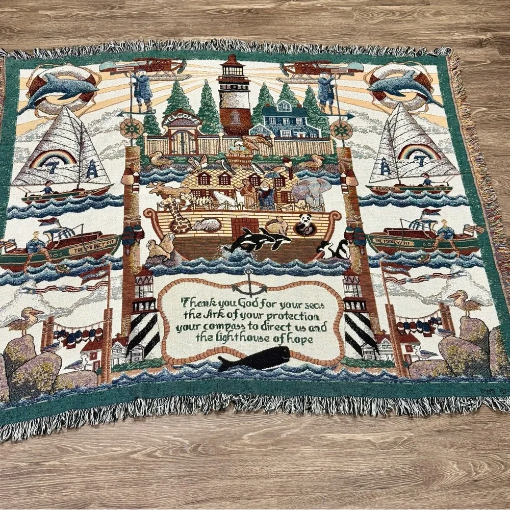 Vintage Noah’s Ark Woven Tapestry Throw Blanket with Fringe